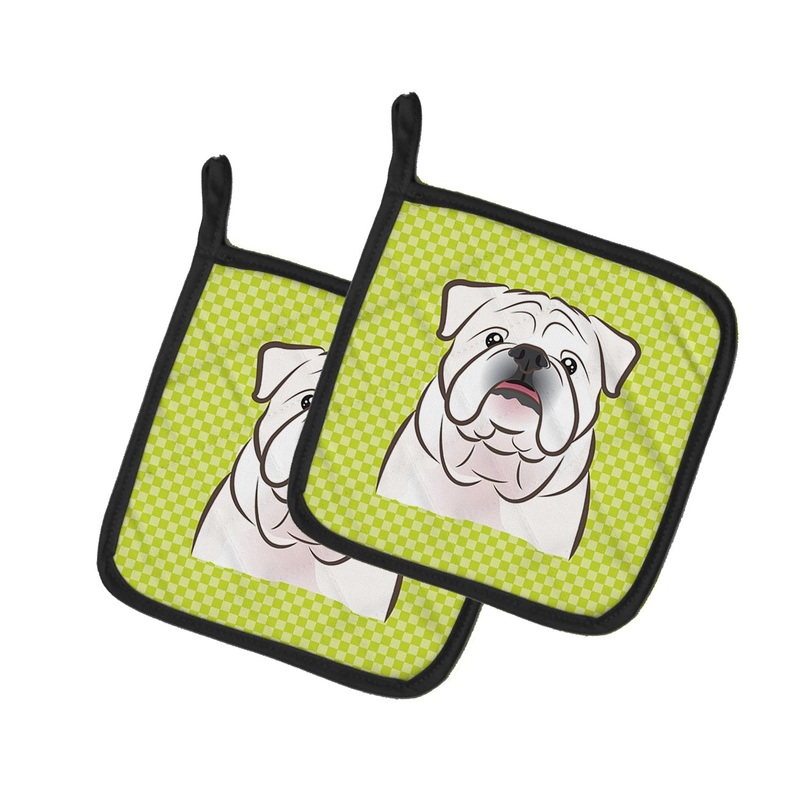 Checkerboard Lime Green White English Bulldog Pot Holders - Set of 2 - Heat-Resistant Kitchen Essentials BB1282PTHD