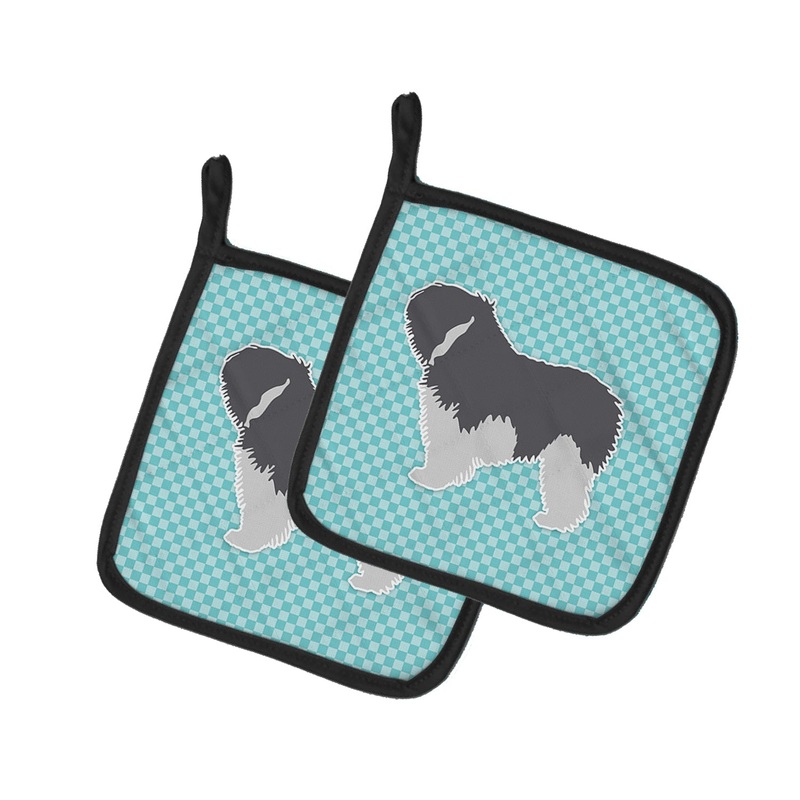 Polish Lowland Sheepdog Dog Checkerboard Blue Pot Holders - Set of 2 - Heat-Resistant Kitchen Essentials BB3732PTHD