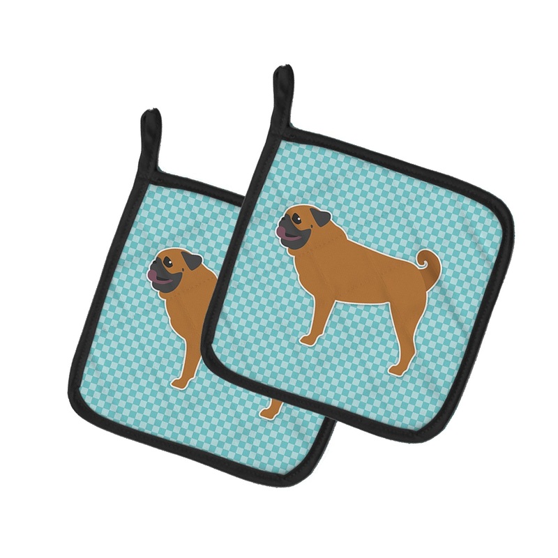 Pug Checkerboard Blue Pot Holders - Set of 2 - Heat-Resistant Kitchen Essentials BB3747PTHD