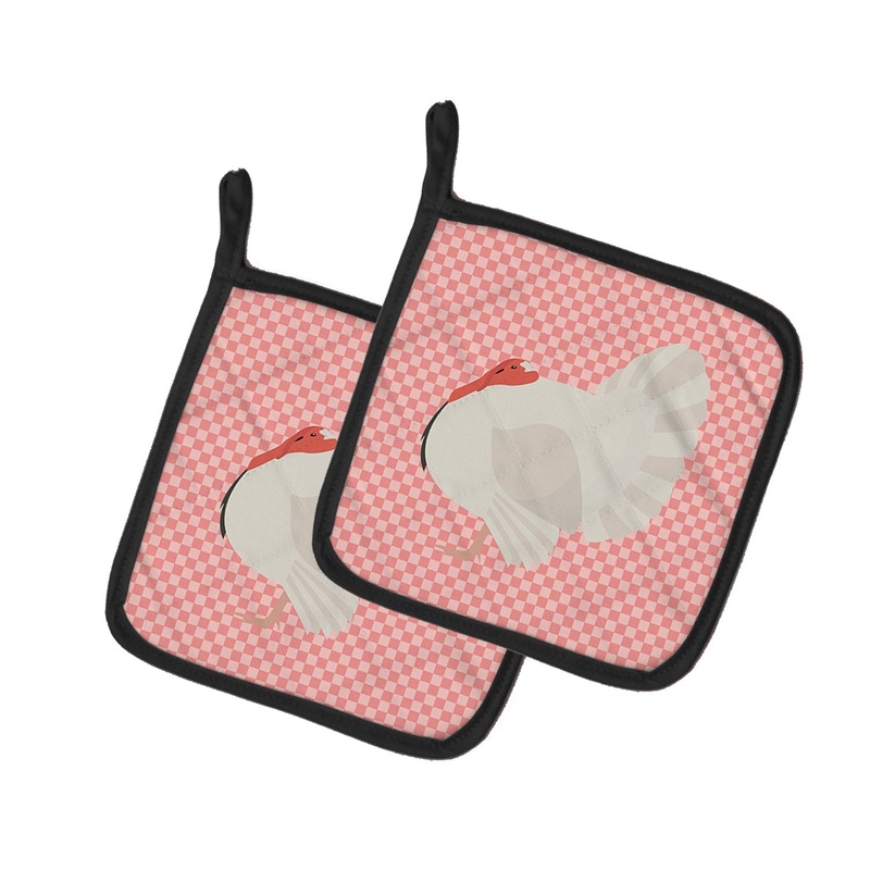 White Holland Turkey Pink Check Pot Holders - Set of 2 - Heat-Resistant Kitchen Essentials BB7983PTHD