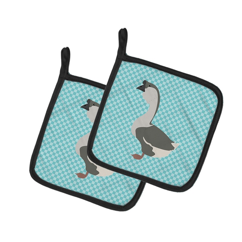 African Goose Blue Check Pot Holders - Set of 2 - Heat-Resistant Kitchen Essentials BB8073PTHD