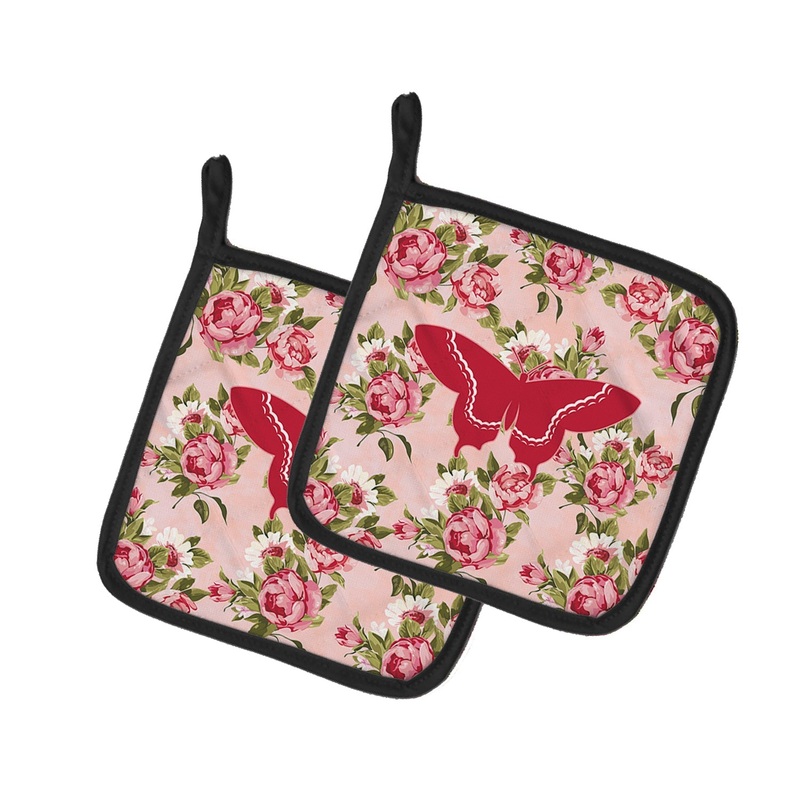 Butterfly Shabby Chic Pink Roses Pot Holders - Set of 2 - Heat-Resistant Kitchen Essentials BB1030-RS-PK-PTHD