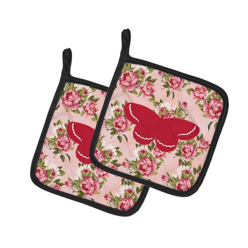 Butterfly Shabby Chic Pink Roses Pot Holders - Set of 2 - Heat-Resistant Kitchen Essentials BB1040-RS-PK-PTHD