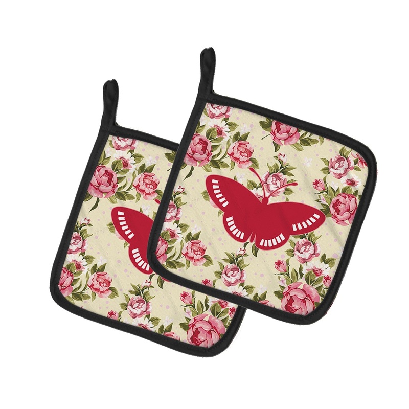 Butterfly Shabby Chic Yellow Roses Pot Holders - Set of 2 - Heat-Resistant Kitchen Essentials BB1031-RS-YW-PTHD