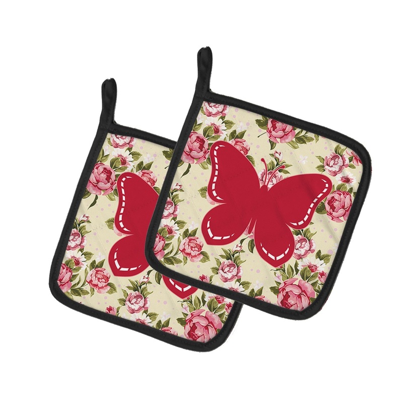 Butterfly Shabby Chic Yellow Roses Pot Holders - Set of 2 - Heat-Resistant Kitchen Essentials BB1035-RS-YW-PTHD