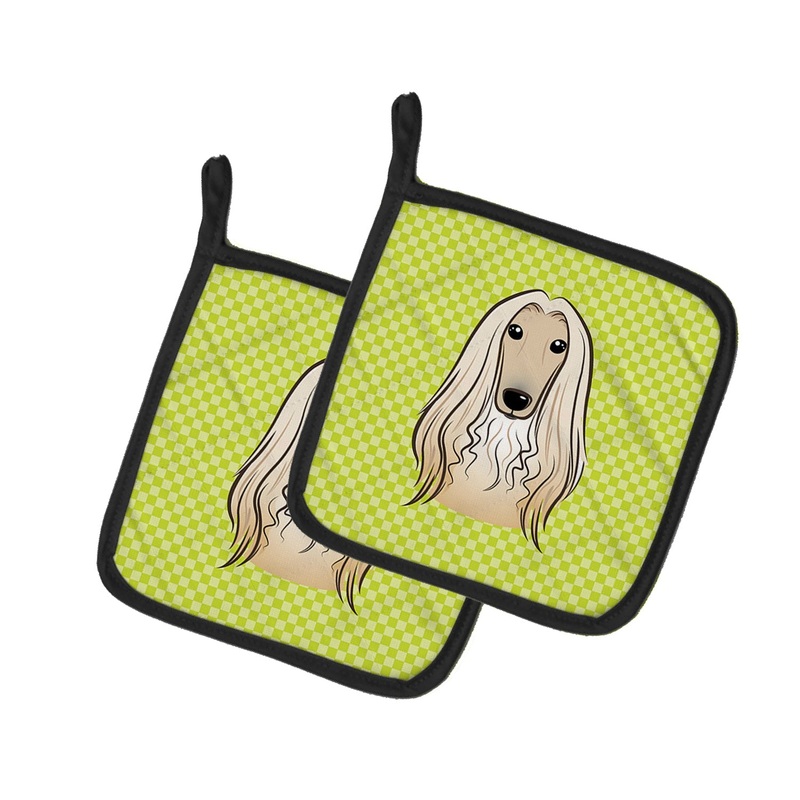 Checkerboard Lime Green Afghan Hound Pot Holders - Set of 2 - Heat-Resistant Kitchen Essentials BB1306PTHD