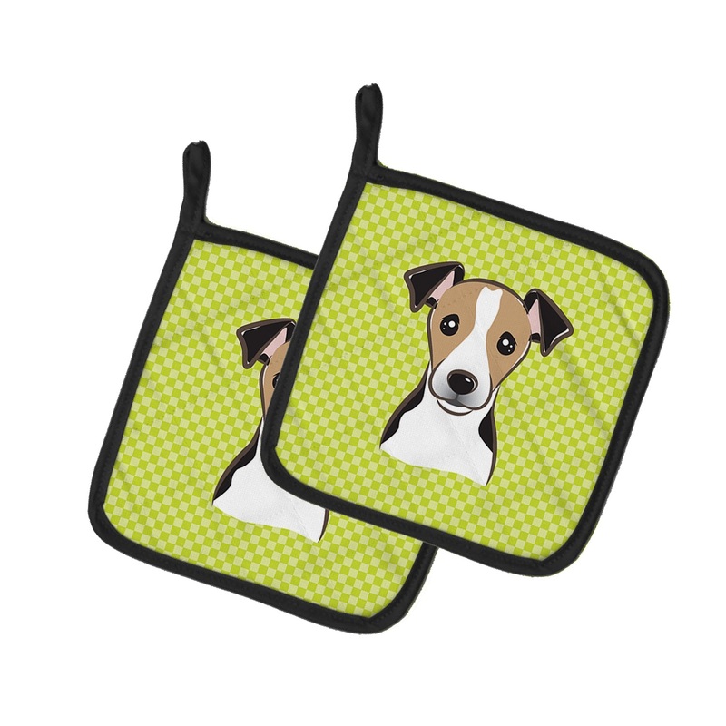 Checkerboard Lime Green Jack Russell Terrier Pot Holders - Set of 2 - Heat-Resistant Kitchen Essentials BB1323PTHD