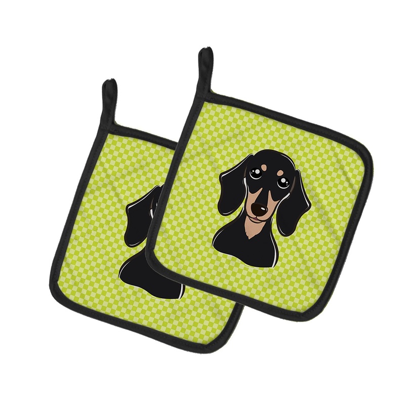 Checkerboard Lime Green Smooth Black and Tan Dachshund Pot Holders - Set of 2 - Heat-Resistant Kitchen Essentials BB1277PTHD