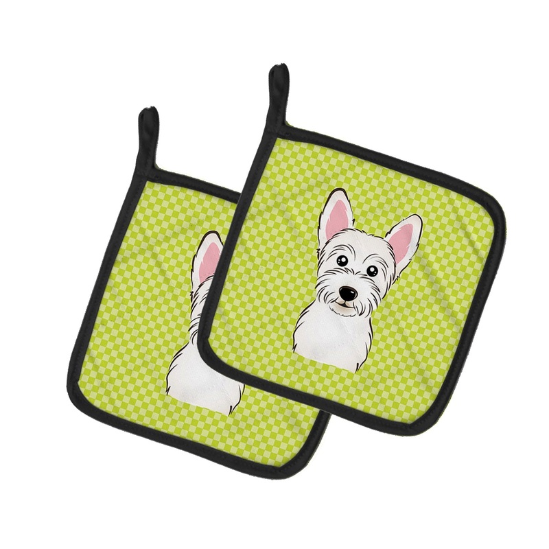 Checkerboard Lime Green Westie Pot Holders - Set of 2 - Heat-Resistant Kitchen Essentials BB1288PTHD