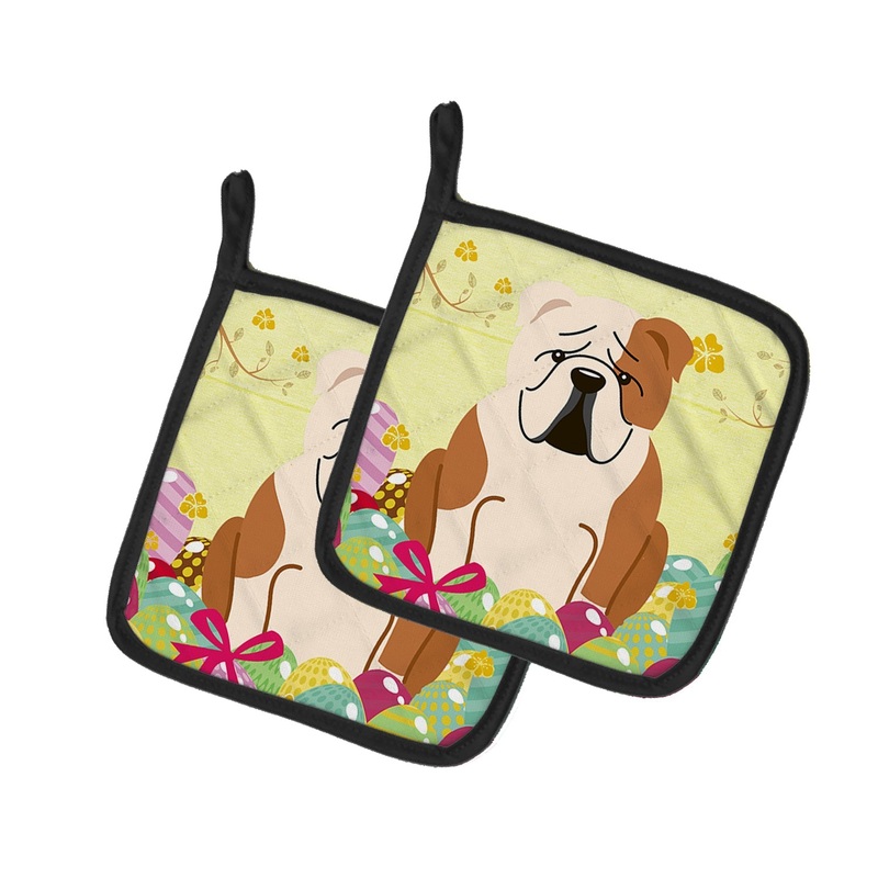 Easter Eggs English Bulldog Fawn White Pot Holders - Set of 2 - Heat-Resistant Kitchen Essentials BB6125PTHD