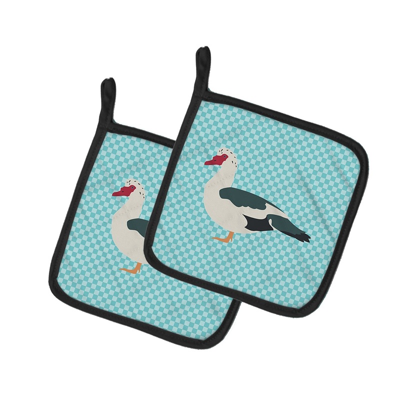Muscovy Duck Blue Check Pot Holders - Set of 2 - Heat-Resistant Kitchen Essentials BB8038PTHD