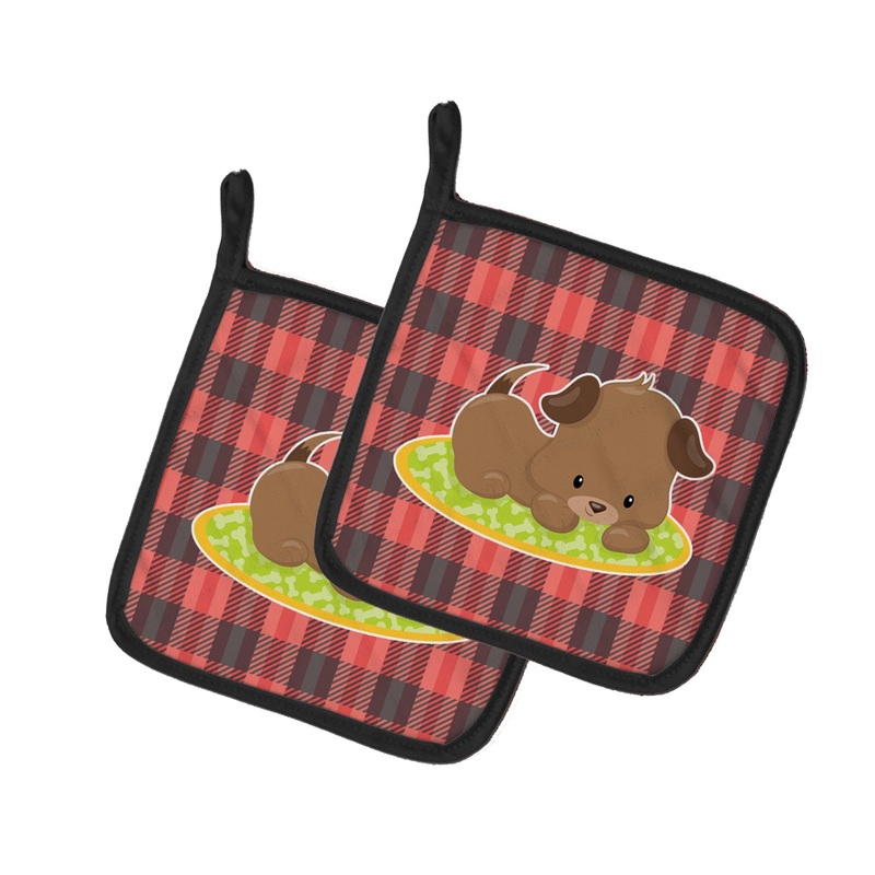 Puppy on Black Red Gingham Pot Holders - Set of 2 - Heat-Resistant Kitchen Essentials BB7072PTHD