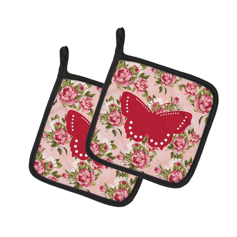 Butterfly Shabby Chic Pink Roses Pot Holders - Set of 2 - Heat-Resistant Kitchen Essentials BB1033-RS-PK-PTHD
