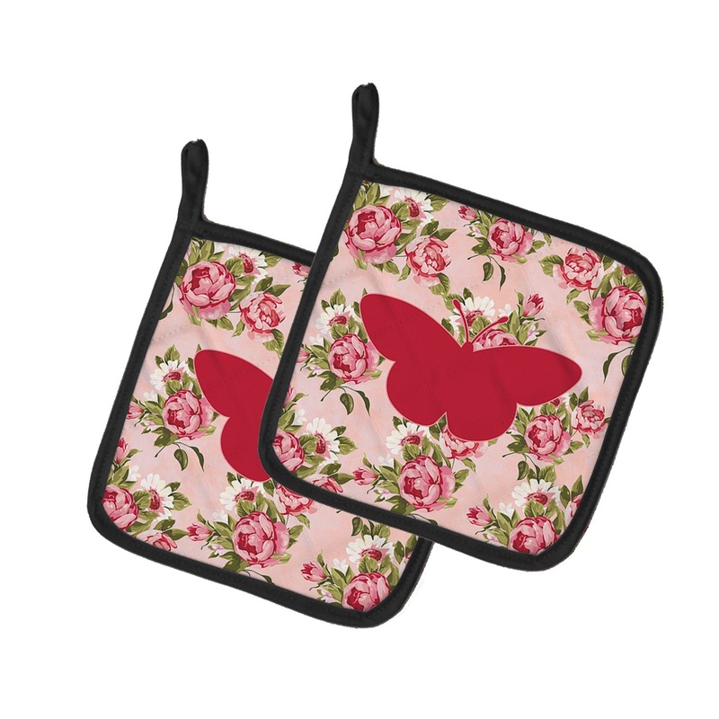 Butterfly Shabby Chic Pink Roses Pot Holders - Set of 2 - Heat-Resistant Kitchen Essentials BB1044-RS-PK-PTHD