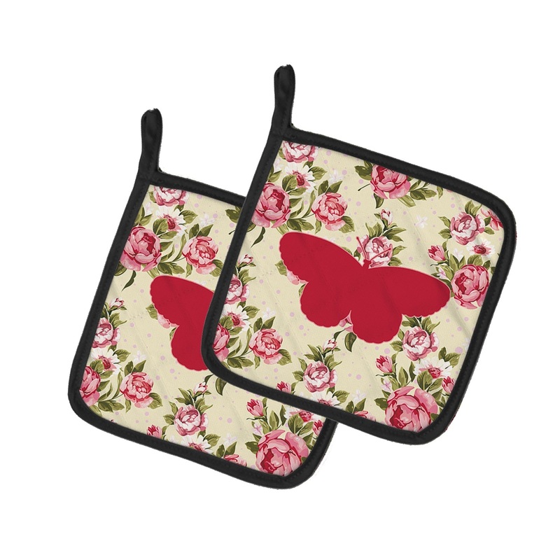 Butterfly Shabby Chic Yellow Roses Pot Holders - Set of 2 - Heat-Resistant Kitchen Essentials BB1052-RS-YW-PTHD