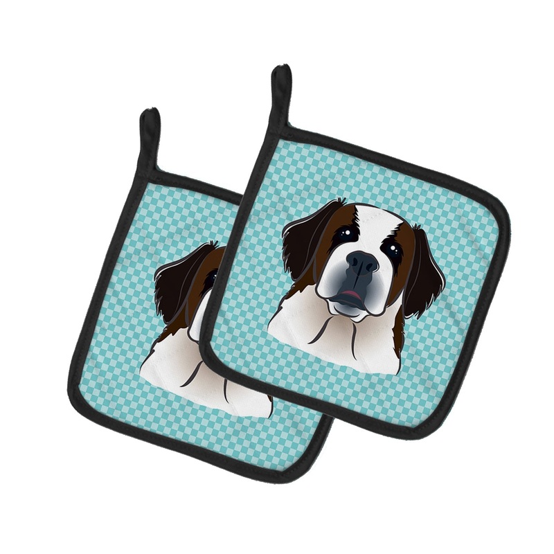 Checkerboard Blue Saint Bernard Pot Holders - Set of 2 - Heat-Resistant Kitchen Essentials BB1184PTHD