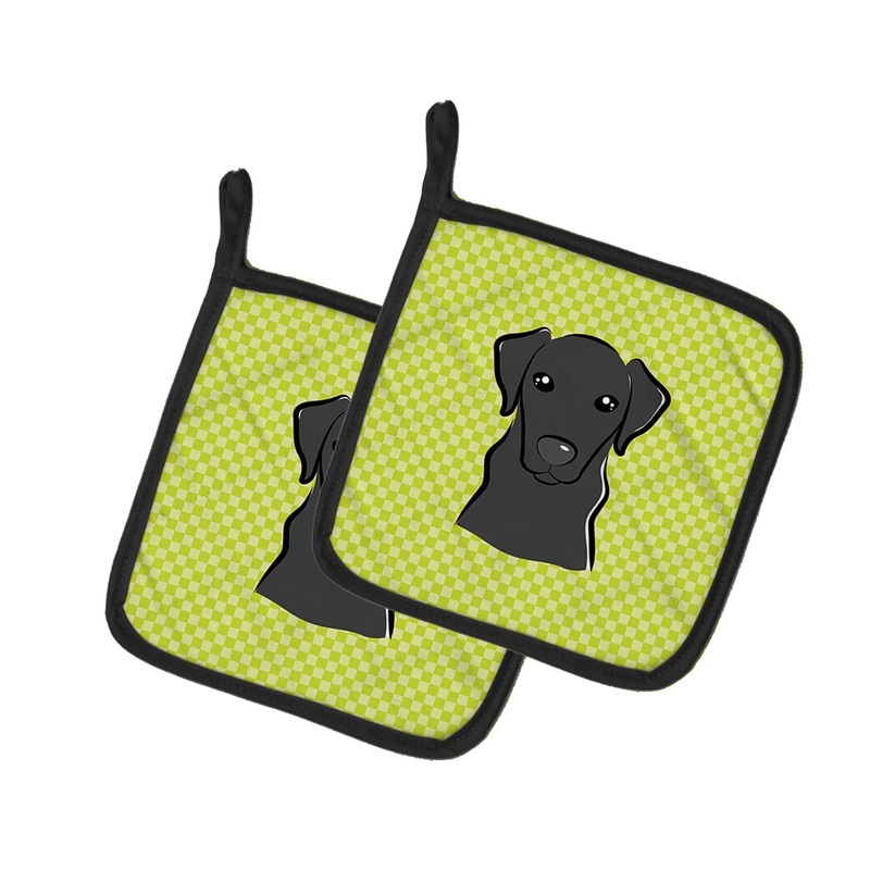 Checkerboard Lime Green Black Labrador Pot Holders - Set of 2 - Heat-Resistant Kitchen Essentials BB1297PTHD