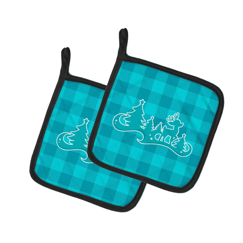 Christmas Tree Reindeer Blue Pot Holders - Set of 2 - Heat-Resistant Kitchen Essentials BB6974PTHD