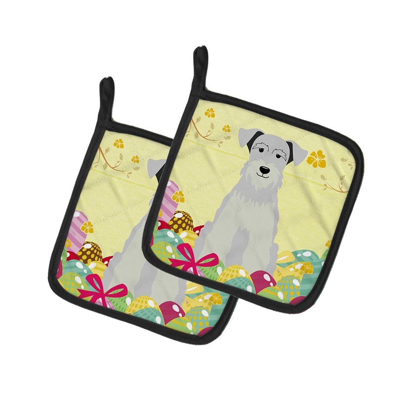 Easter Eggs Miniature Schanuzer White Pot Holders - Set of 2 - Heat-Resistant Kitchen Essentials BB6053PTHD
