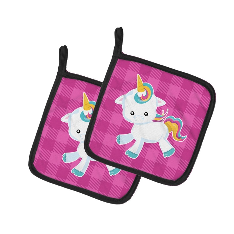 Pink Plaid Unicorn Pot Holders - Set of 2 - Heat-Resistant Kitchen Essentials BB6807PTHD