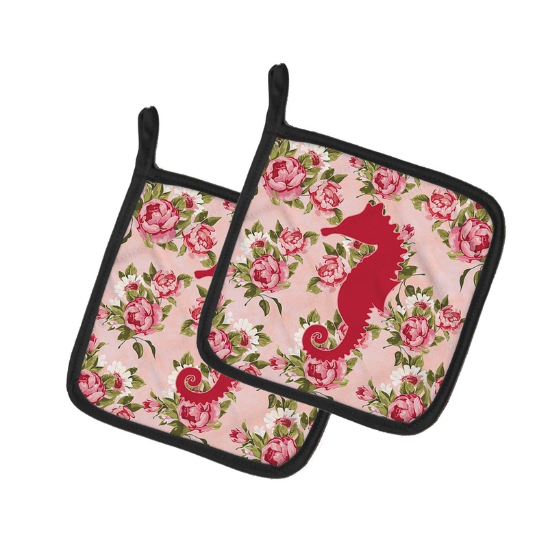 Sea Horse Shabby Chic Pink Roses Pot Holders - Set of 2 - Heat-Resistant Kitchen Essentials BB1018-RS-PK-PTHD