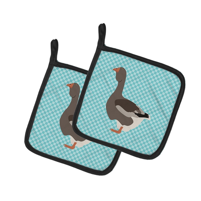 Toulouse Goose Blue Check Pot Holders - Set of 2 - Heat-Resistant Kitchen Essentials BB8071PTHD