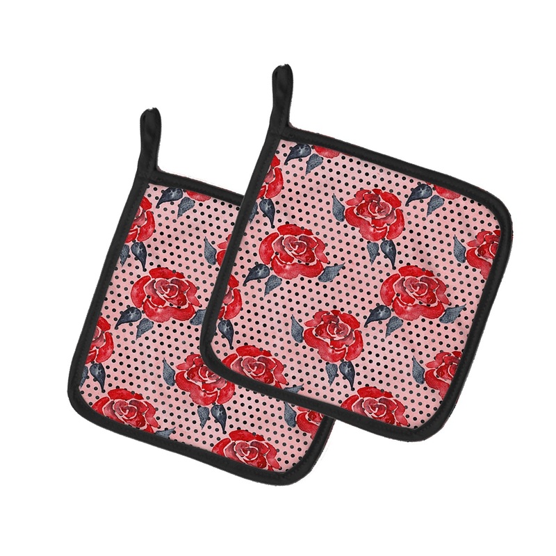 Watercolor Red Roses and Polkadots Pot Holders - Set of 2 - Heat-Resistant Kitchen Essentials BB7513PTHD