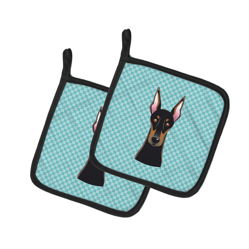 Checkerboard Blue Doberman Pot Holders - Set of 2 - Heat-Resistant Kitchen Essentials BB1183PTHD