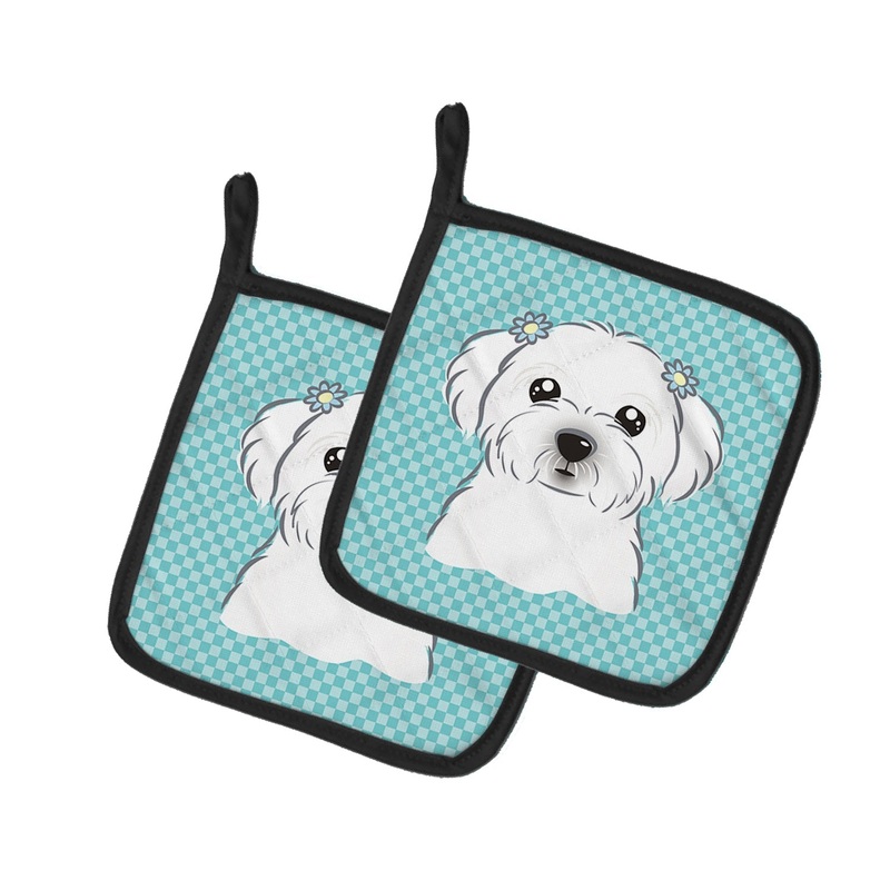 Checkerboard Blue Maltese Pot Holders - Set of 2 - Heat-Resistant Kitchen Essentials BB1146PTHD