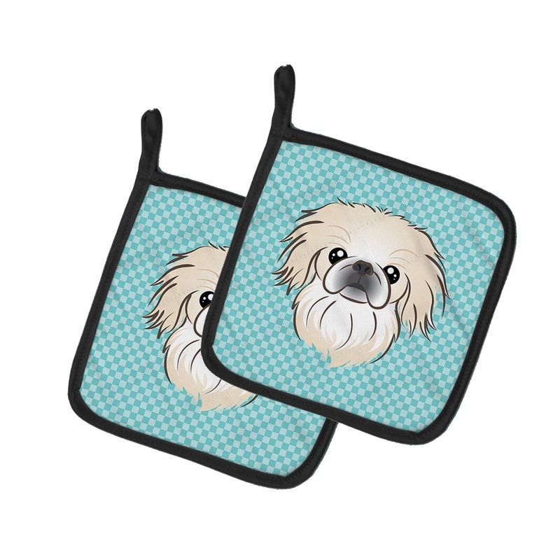 Checkerboard Blue Pekingese Pot Holders - Set of 2 - Heat-Resistant Kitchen Essentials BB1159PTHD