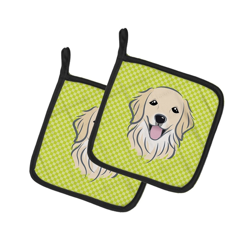 Checkerboard Lime Green Golden Retriever Pot Holders - Set of 2 - Heat-Resistant Kitchen Essentials BB1267PTHD