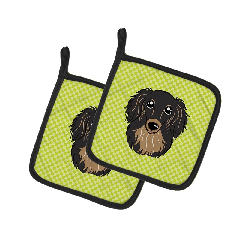 Checkerboard Lime Green Longhair Black and Tan Dachshund Pot Holders - Set of 2 - Heat-Resistant Kitchen Essentials BB1275PTHD