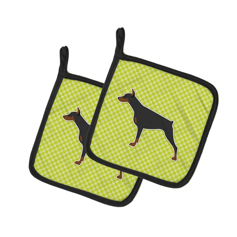 Doberman Pinscher Checkerboard Green Pot Holders - Set of 2 - Heat-Resistant Kitchen Essentials BB3860PTHD