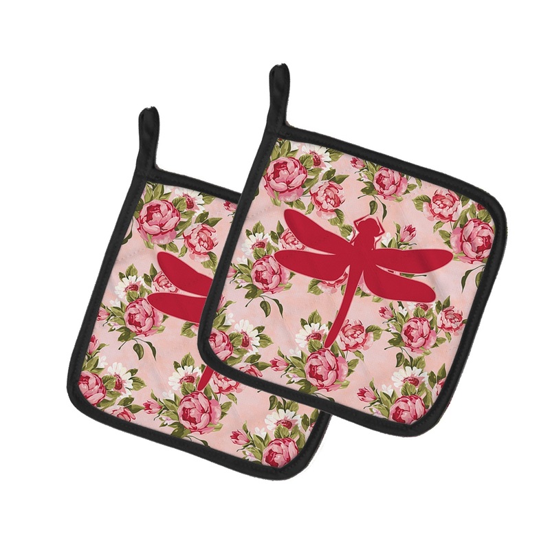 Dragonfly Shabby Chic Pink Roses Pot Holders - Set of 2 - Heat-Resistant Kitchen Essentials BB1062-RS-PK-PTHD