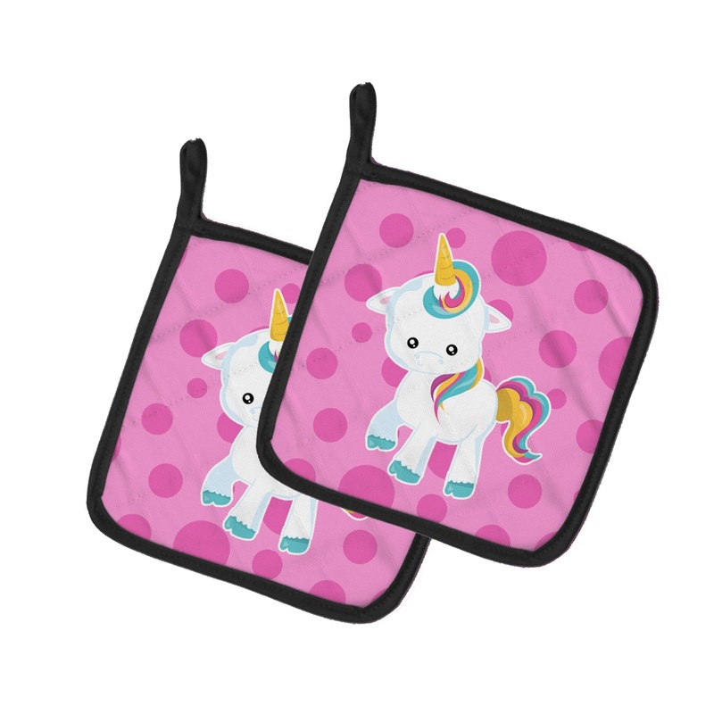 Pink Polkadot Unicorn Pot Holders - Set of 2 - Heat-Resistant Kitchen Essentials BB6805PTHD