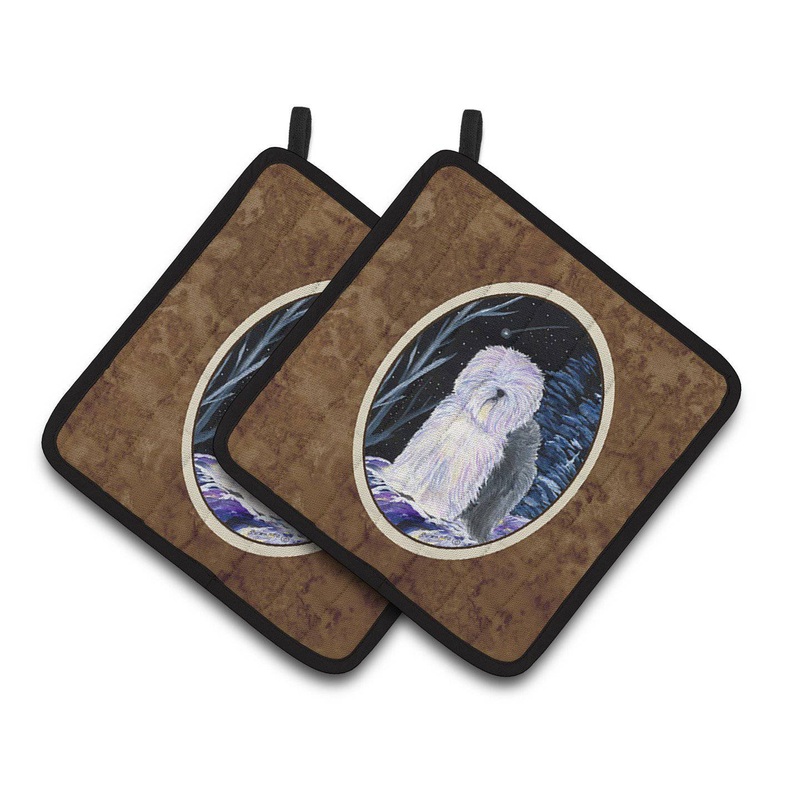 Starry Night Old English Sheepdog Pot Holders - Set of 2 Decorative Kitchen Helpers | Made in the USA SS8406PTHD