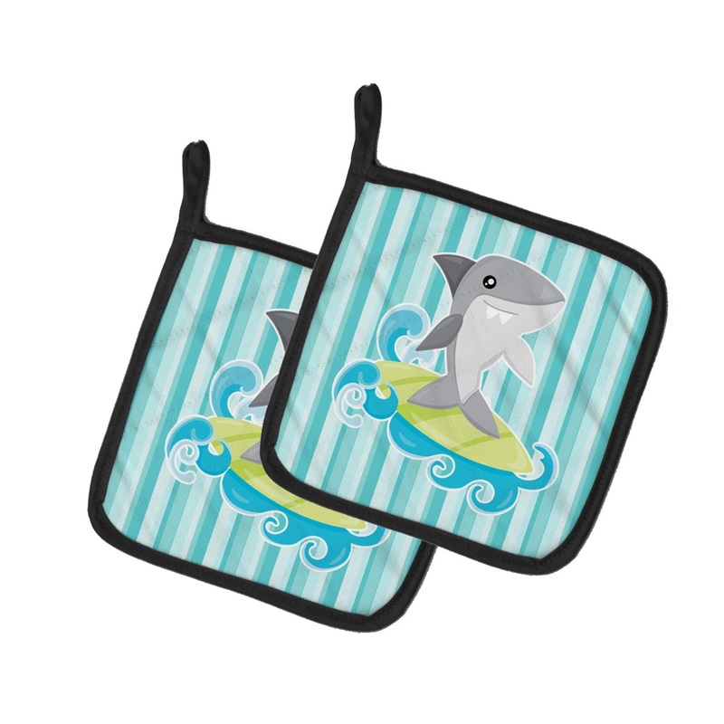 Surfin Shark on Stripes Pot Holders - Set of 2 - Heat-Resistant Kitchen Essentials BB6942PTHD