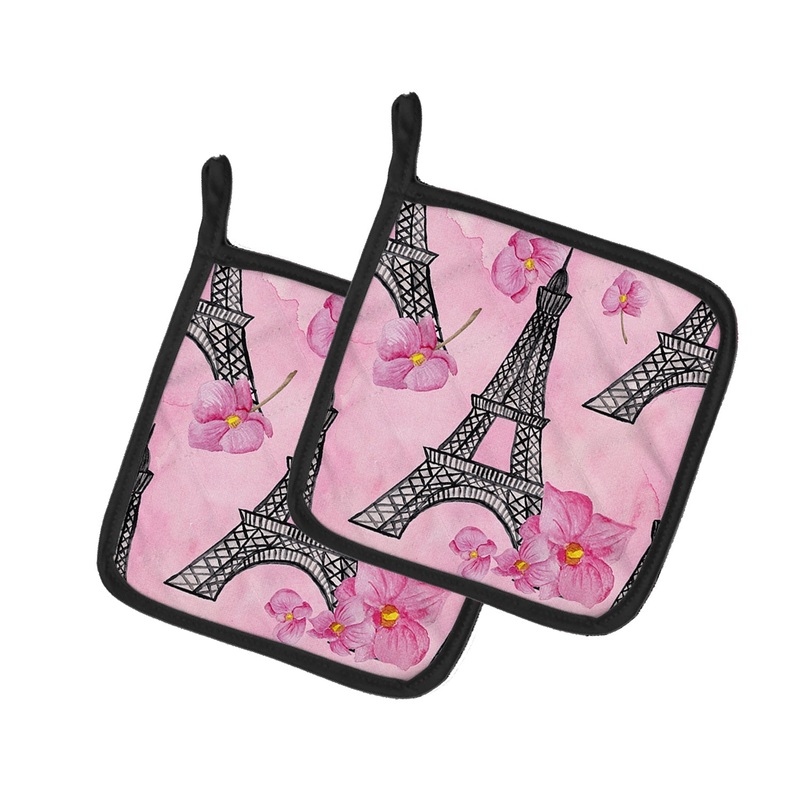 Watercolor Pink Flowers and Eiffel Tower Pot Holders - Set of 2 - Heat-Resistant Kitchen Essentials BB7511PTHD
