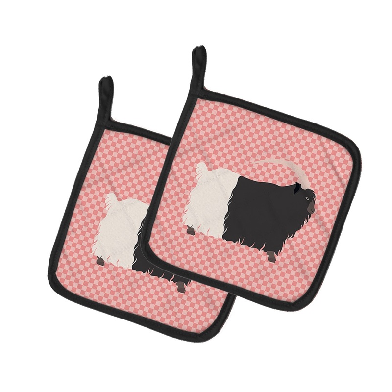 Welsh Black-Necked Goat Pink Check Pot Holders - Set of 2 - Heat-Resistant Kitchen Essentials BB7887PTHD