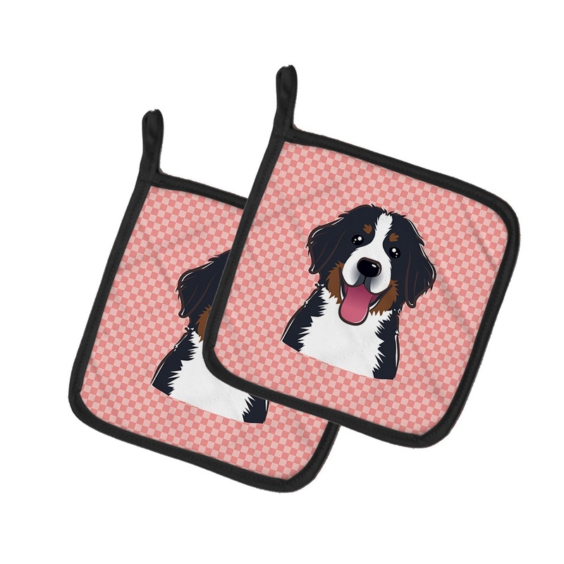Checkerboard Pink Bernese Mountain Dog Pot Holders - Set of 2 - Heat-Resistant Kitchen Essentials BB1237PTHD