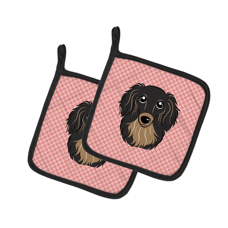 Checkerboard Pink Longhair Black and Tan Dachshund Pot Holders - Set of 2 - Heat-Resistant Kitchen Essentials BB1213PTHD