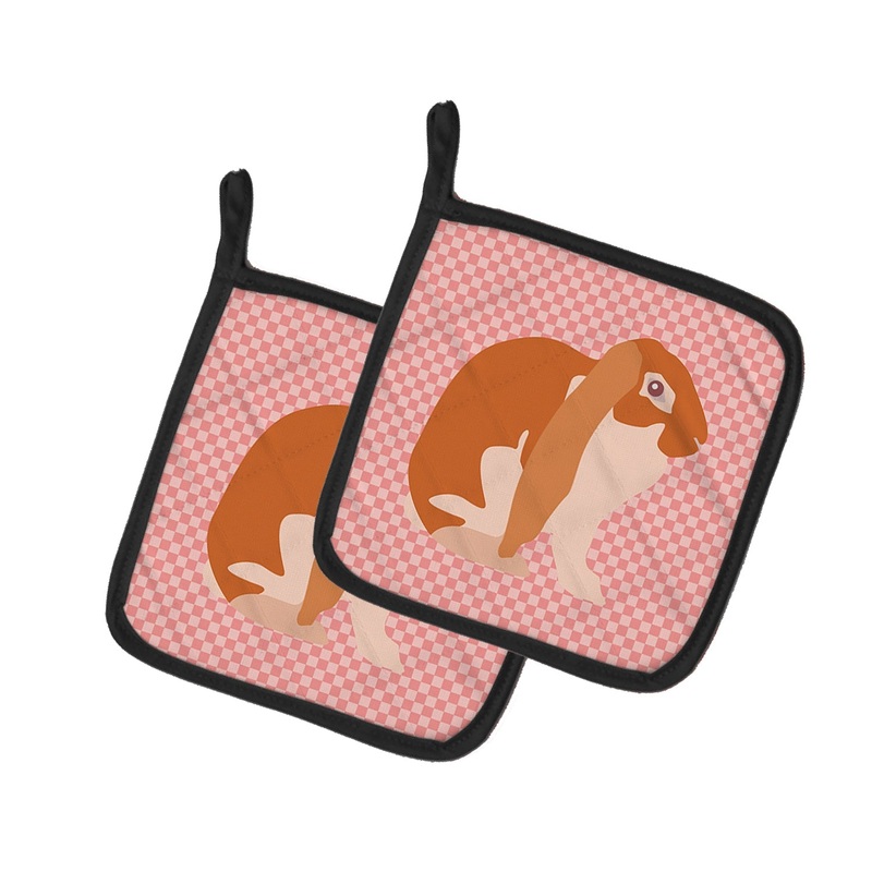 English Lop Rabbit Pink Check Pot Holders - Set of 2 - Heat-Resistant Kitchen Essentials BB7962PTHD