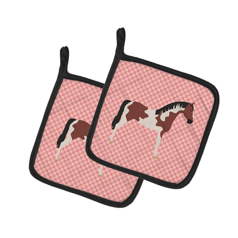 Pinto Horse Pink Check Pot Holders - Set of 2 - Heat-Resistant Kitchen Essentials BB7907PTHD