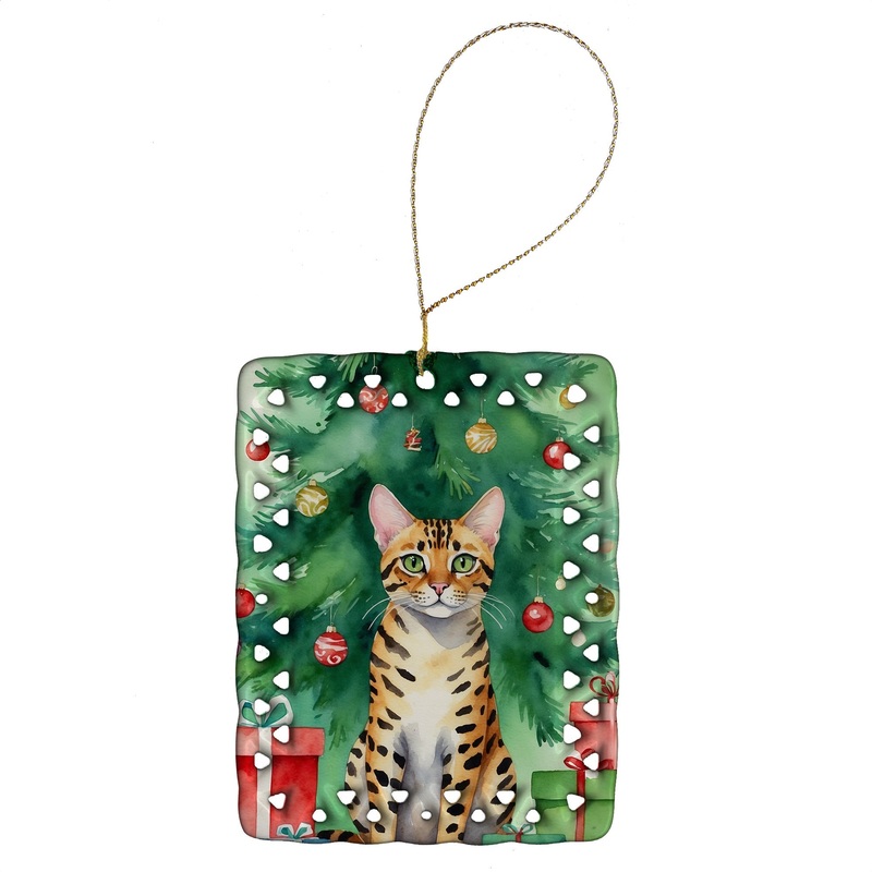 Bengal Cat By the Christmas Tree Porcelain Ornament