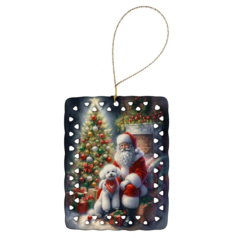 Bichon Frise and Santa Claus Porcelain Ornament
