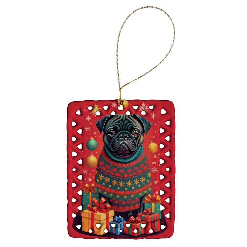 Black Pug Holiday Christmas Porcelain Ornament