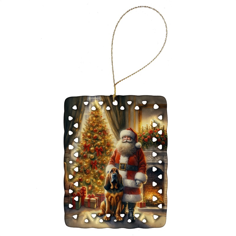 Bloodhound and Santa Claus Porcelain Ornament