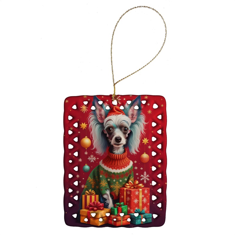 Chinese Crested Holiday Christmas Porcelain Ornament
