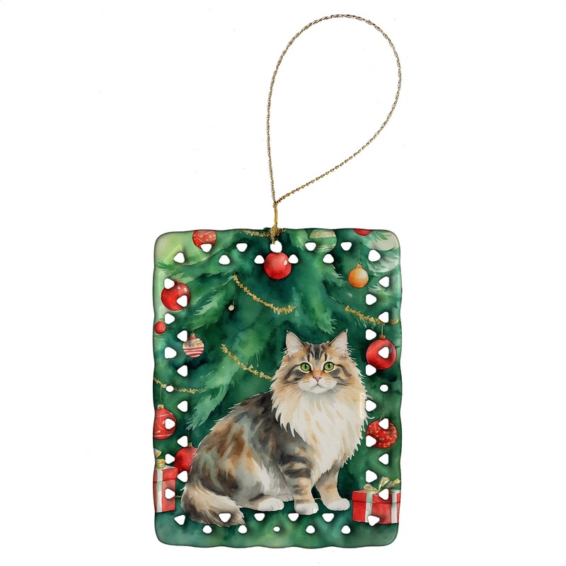 Cymric Cat By the Christmas Tree Porcelain Ornament