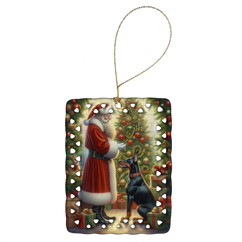 Doberman Pinscher and Santa Claus Porcelain Ornament
